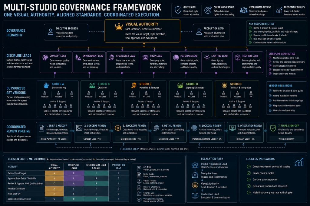 Multi-studio governance hierarchy with one visual authority, discipline leads, and coordinated review ownership across outsourced game art vendors