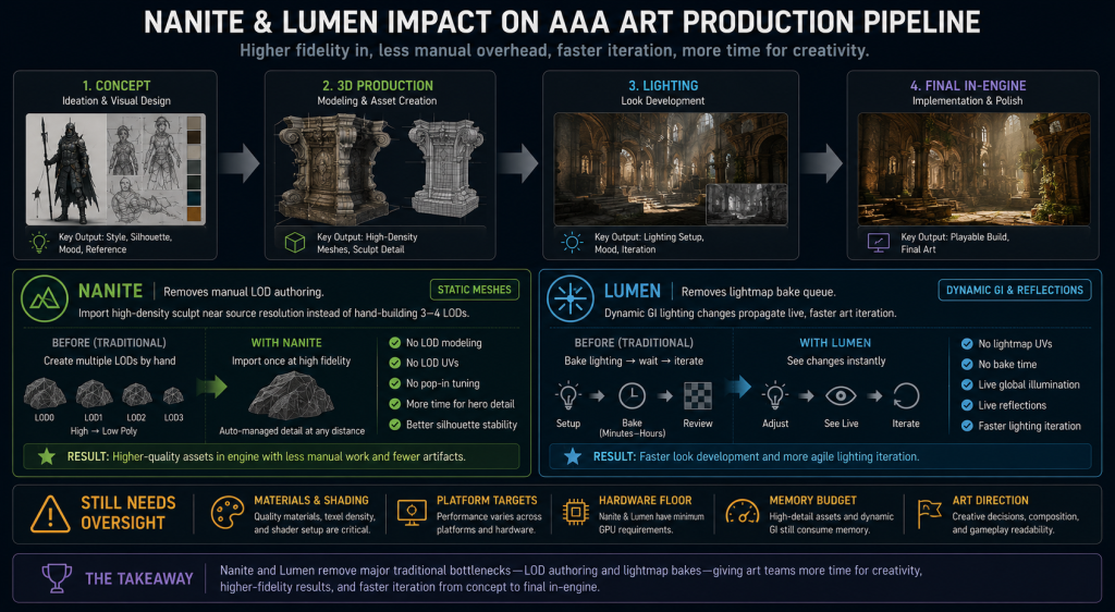 Diagram showing Nanite and Lumen impact on AAA art production pipeline stages