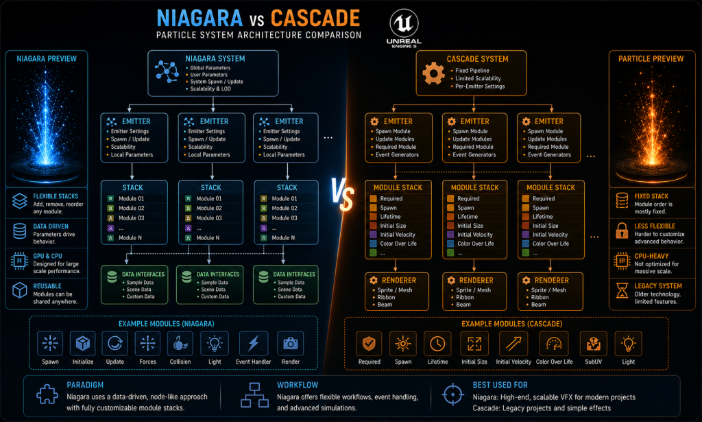 Niagara System, Emitter, and Module hierarchy compared to Cascade's fixed emitter-module workflow