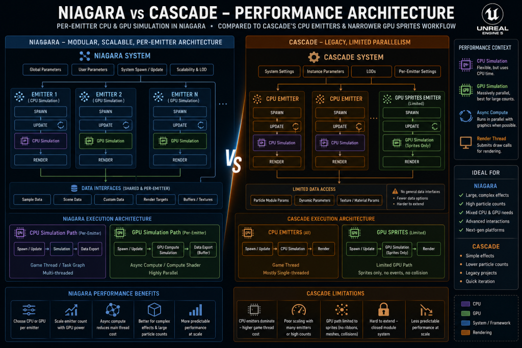Niagara per-emitter CPU and GPU simulation architecture compared with Cascade's CPU emitters and narrower GPU Sprites workflow in Unreal Engine