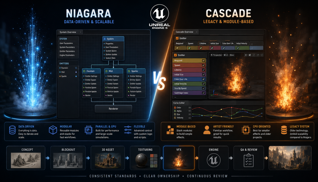 Side-by-side comparison of Niagara and Cascade particle system architecture in Unreal Engine 5