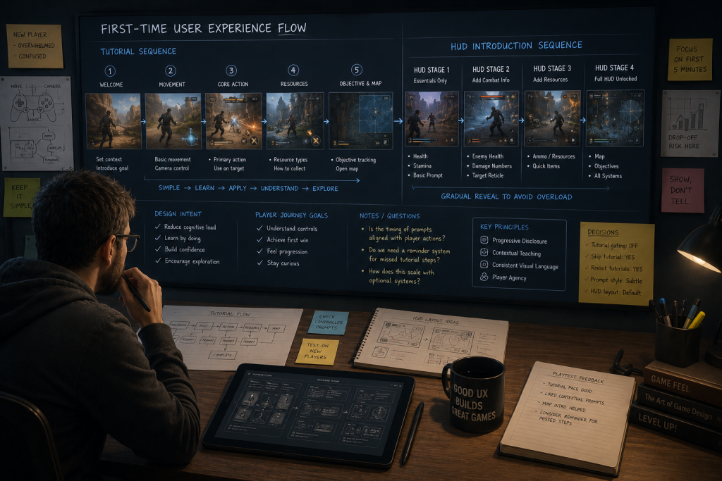 Art director reviewing a first-time user experience flow across tutorial screens and HUD introduction sequence