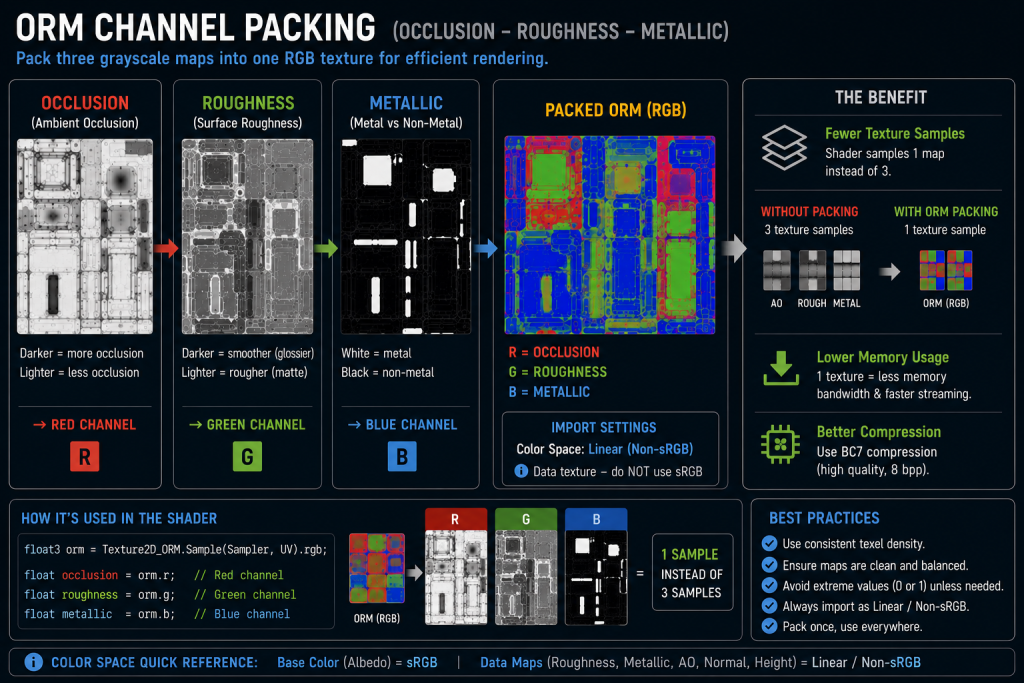 ORM channel packing diagram showing occlusion, roughness and metallic mapped to red, green and blue channels