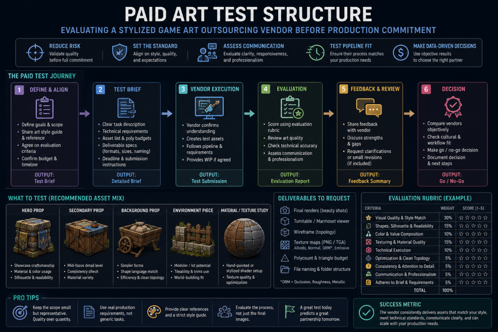 Paid art test structure diagram for evaluating a stylized game art outsourcing vendor before production commitment