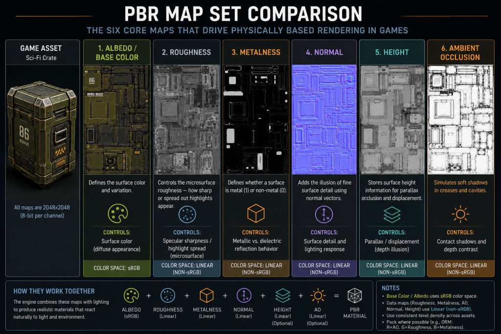 PBR map set comparison — albedo, roughness, metalness, normal, height and ambient occlusion channels side by side