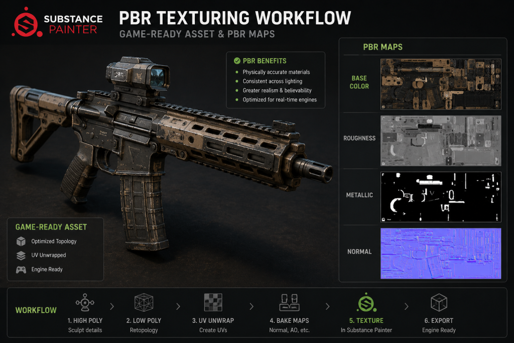 PBR texturing workflow in Substance Painter showing base color, roughness, metallic and normal maps on game-ready assets