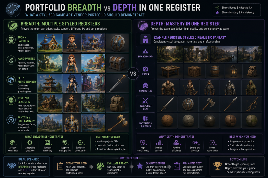 Portfolio breadth diagram showing a game art vendor demonstrating multiple stylized registers versus depth in one register