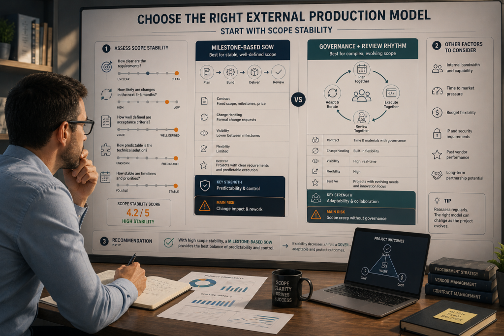 Editorial illustration of a procurement lead evaluating scope stability before choosing an external production model