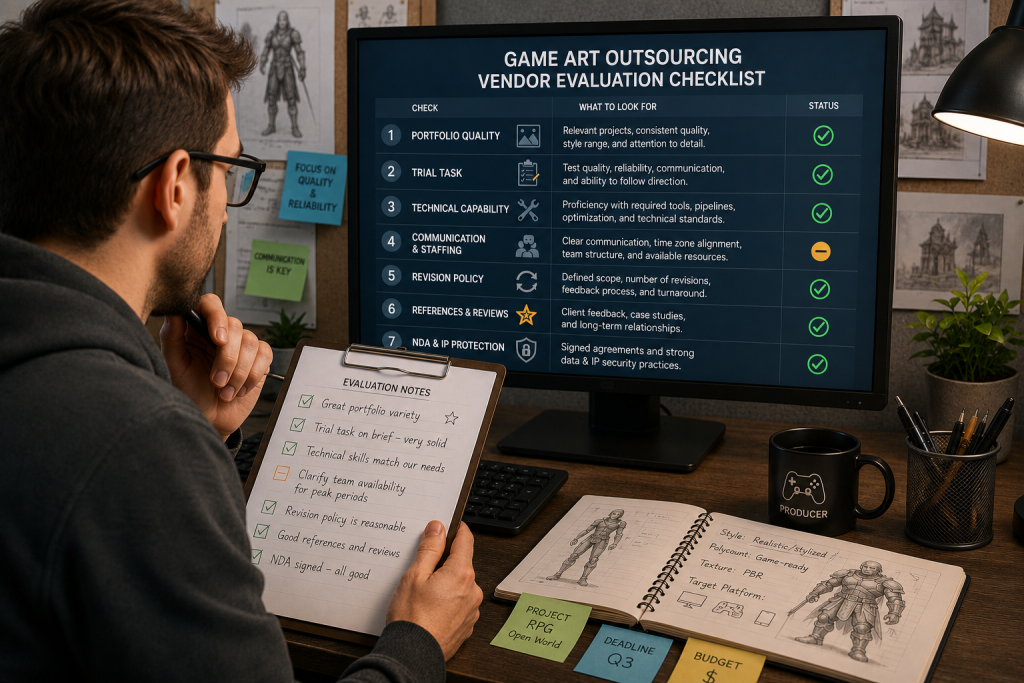 Producer reviewing a game art outsourcing vendor evaluation checklist