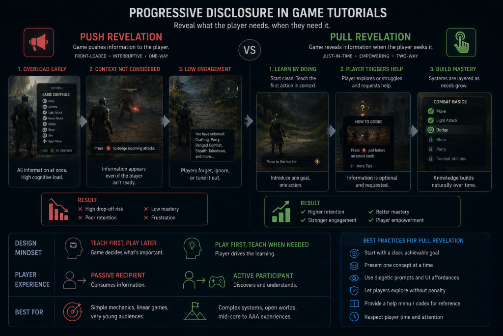 Progressive disclosure diagram showing push revelation versus pull revelation in a game tutorial