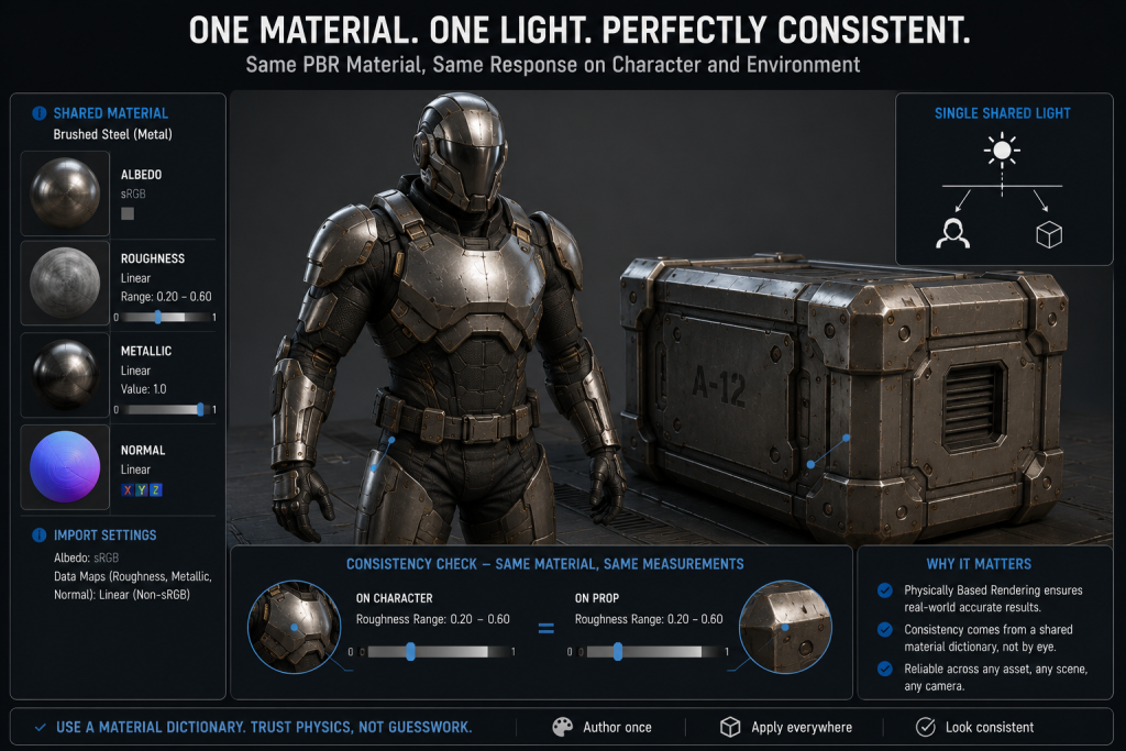 Same PBR material authored once and rendered consistently across a character and an environment prop under one light