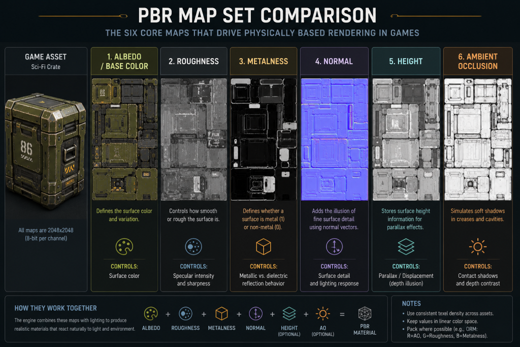 Six-stage PBR texturing pipeline for games, from UV layout and baking to Substance Painter authoring and engine export