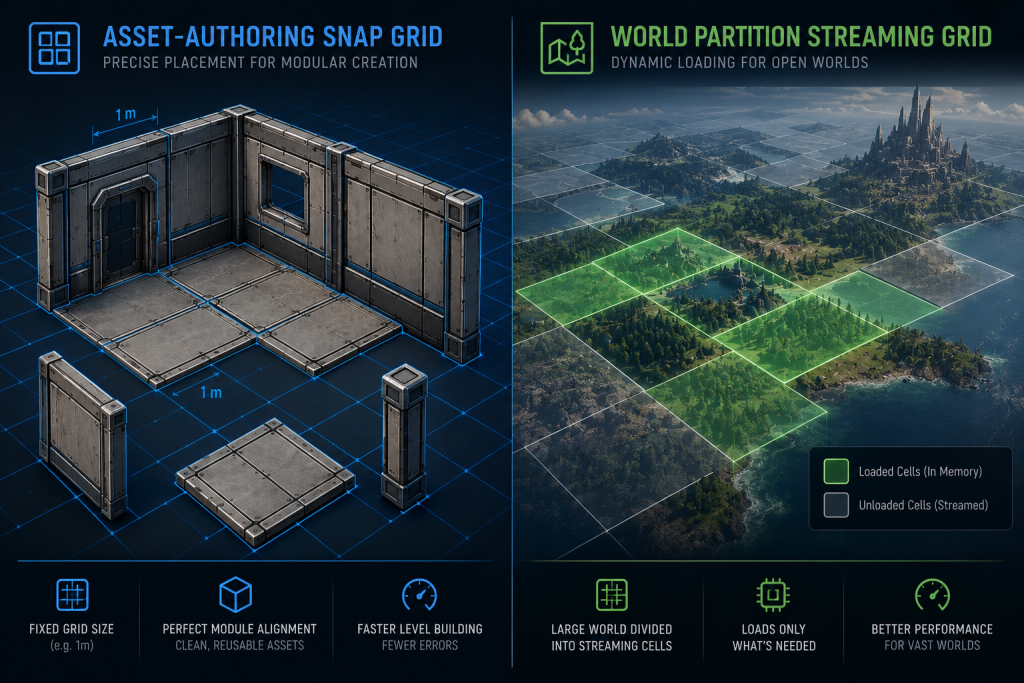 Diagram contrasting the asset-authoring snap grid with the World Partition streaming grid