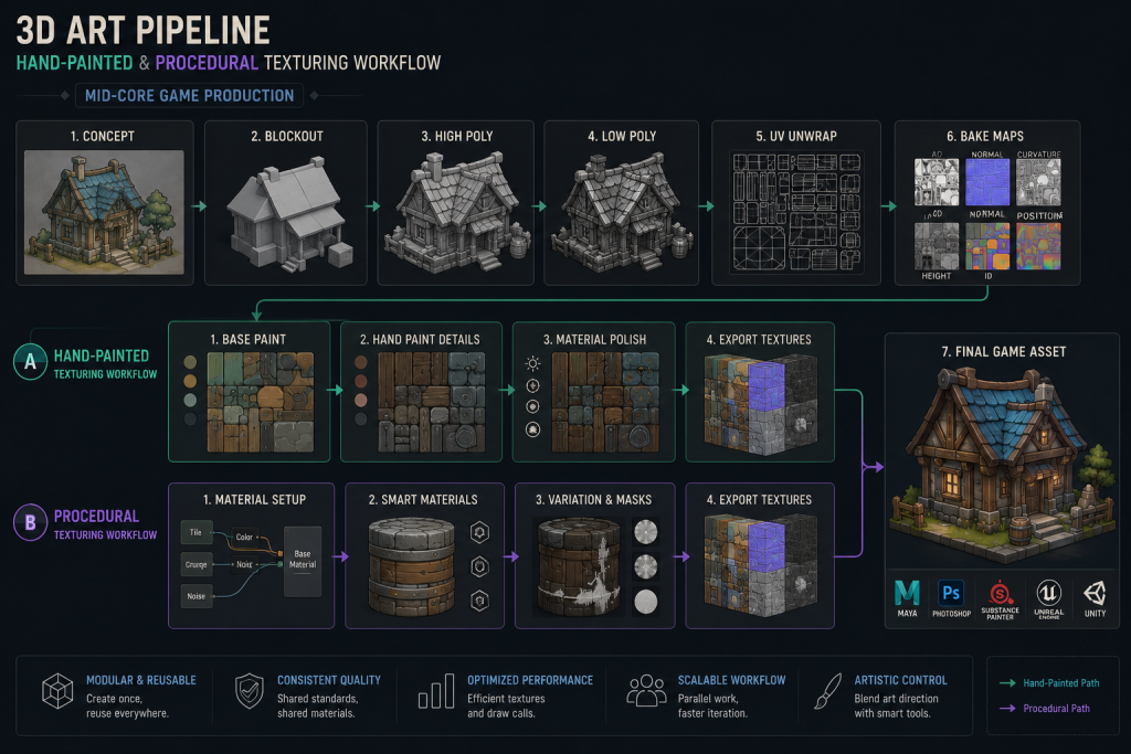Stylized 3D art pipeline diagram showing hand-painted and procedural texturing workflow branches for mid-core game production