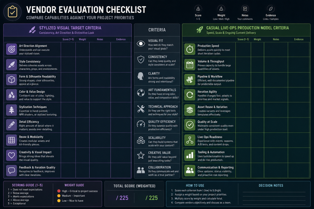 Vendor evaluation checklist comparing stylized visual target criteria against casual live-ops production model criteria in game art outsourcing