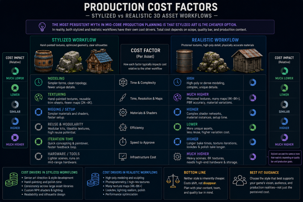 Production-cost factors comparing stylized and realistic 3D asset workflows