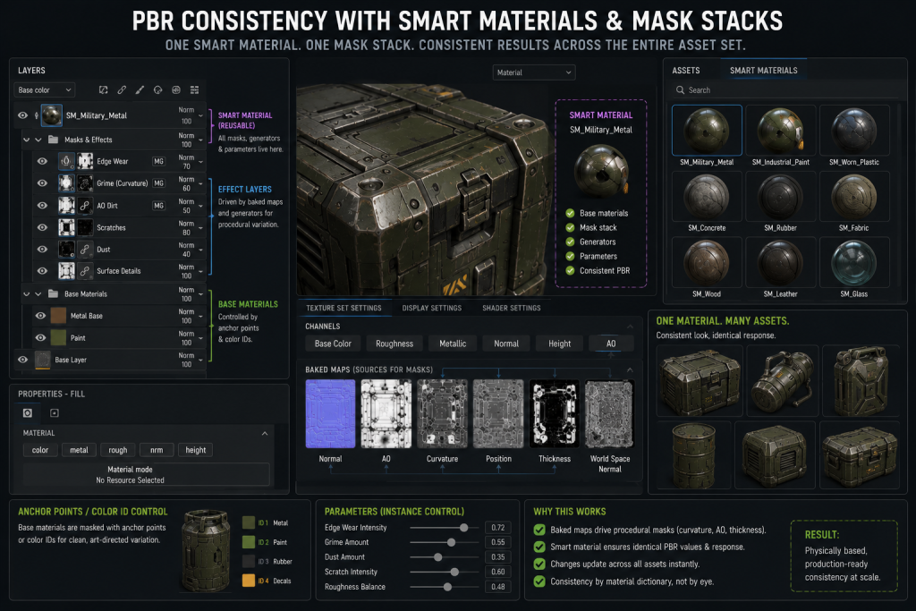 Substance Painter smart material and mask stack used to keep PBR consistency across a full asset set
