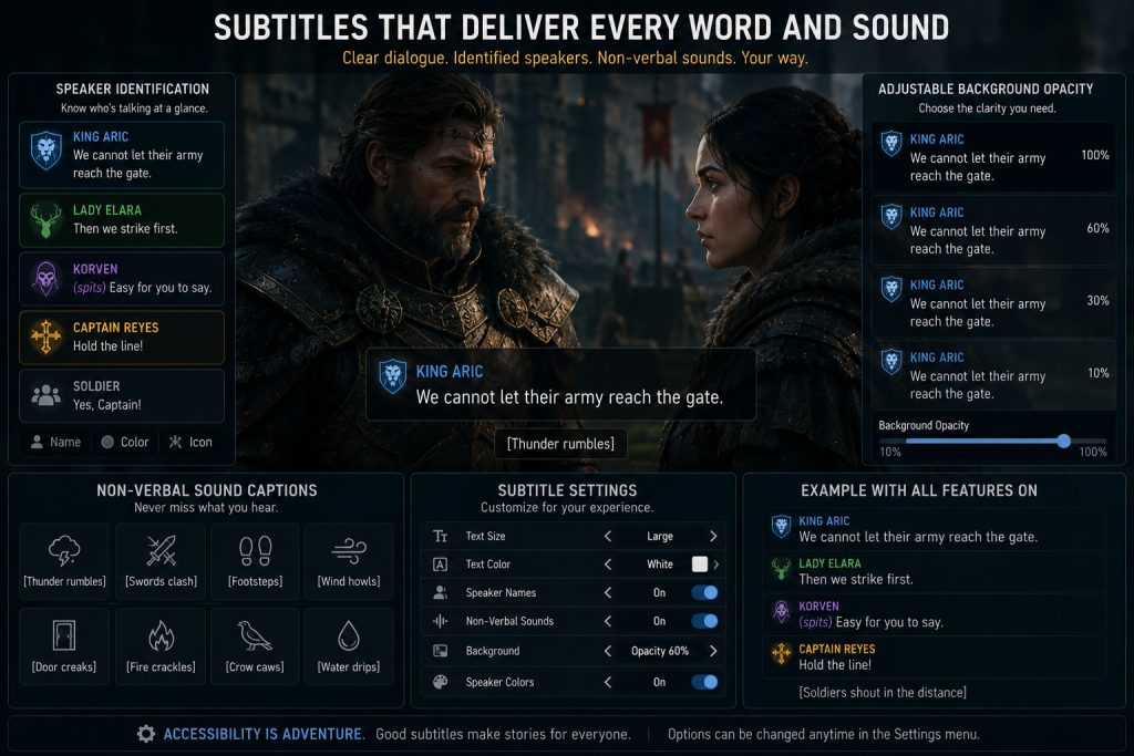 Subtitle system UI showing speaker identification, adjustable background opacity, and non-verbal sound captions in a game cutscene