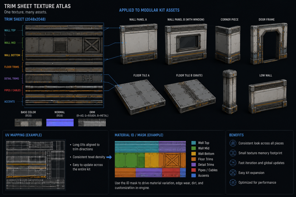 Trim sheet texture atlas applied across multiple modular kit assets