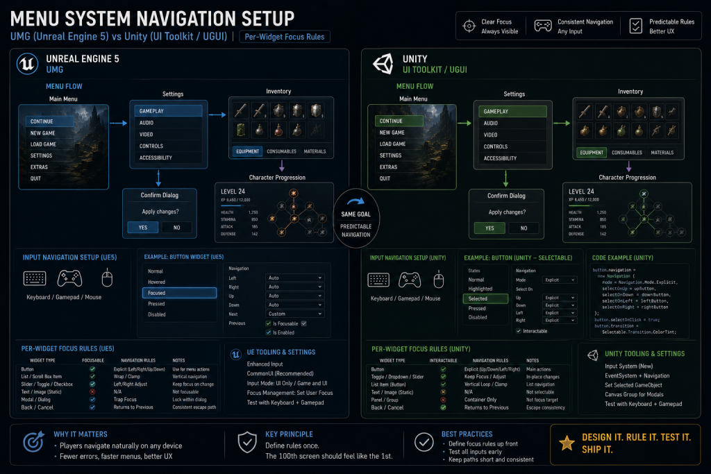 UE5 UMG and Unity menu system navigation setup with per-widget focus rules