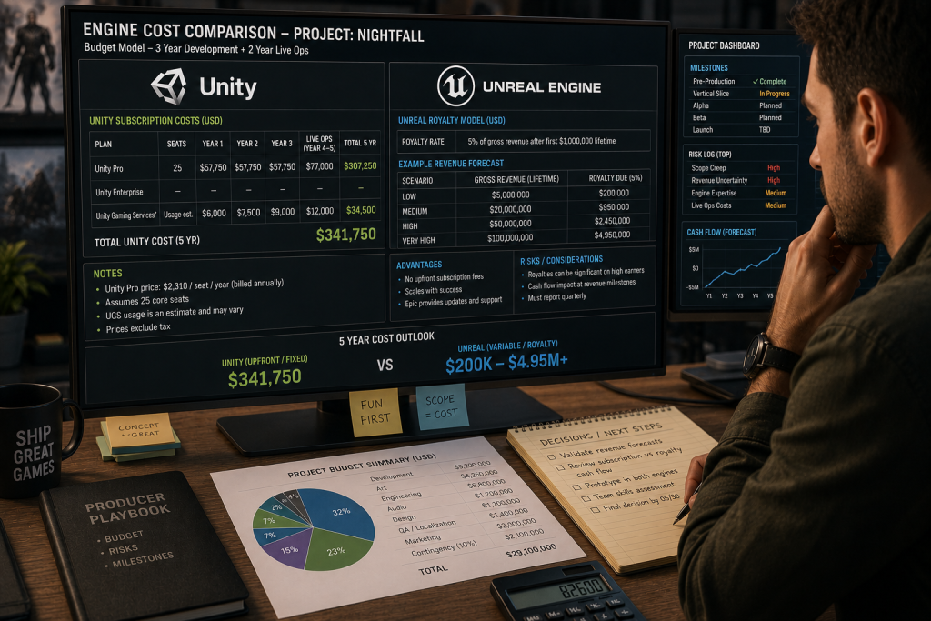 Producer comparing Unity subscription costs and Unreal Engine royalty percentages on a budget spreadsheet