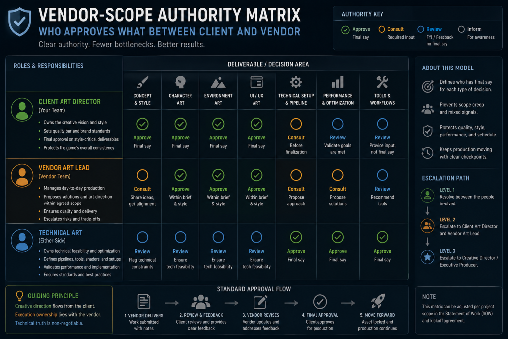 Vendor-scope authority matrix showing approval roles between client art director, vendor art lead, and technical art