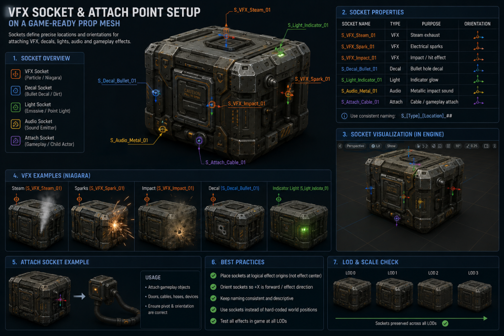 VFX socket and attach point setup on a game-ready prop mesh