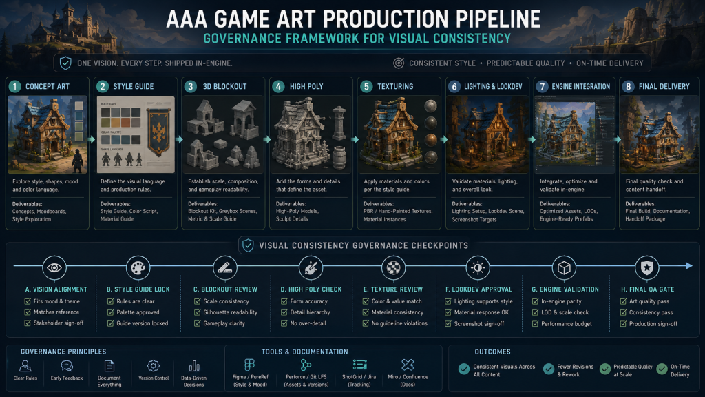 Governance framework diagram showing visual consistency in game art checkpoints across an AAA production pipeline from concept to engine delivery