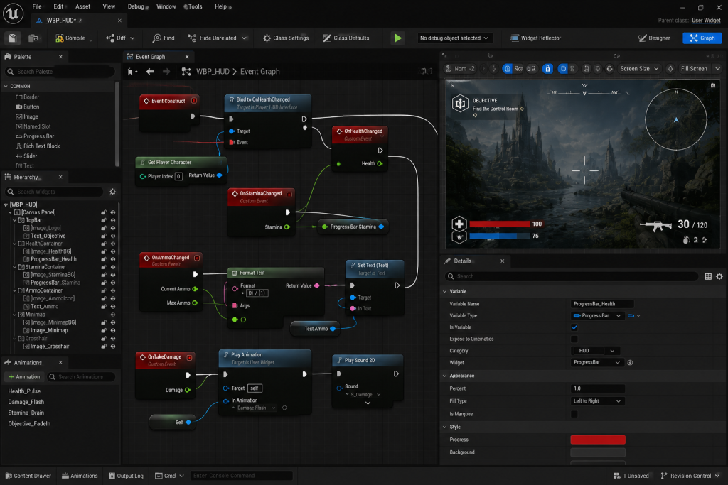 Widget Blueprint interface being wired for a game HUD in Unreal Engine