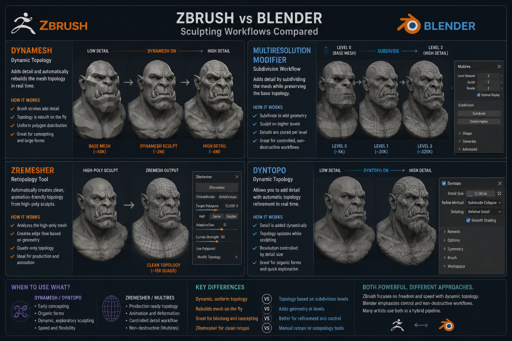 Comparison graphic of ZBrush DynaMesh and ZRemesher versus Blender's Multiresolution modifier and Dyntopo