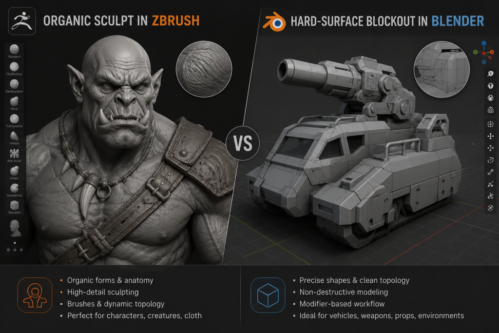 Editorial illustration comparing a ZBrush organic character sculpt and a Blender hard-surface blockout side by side