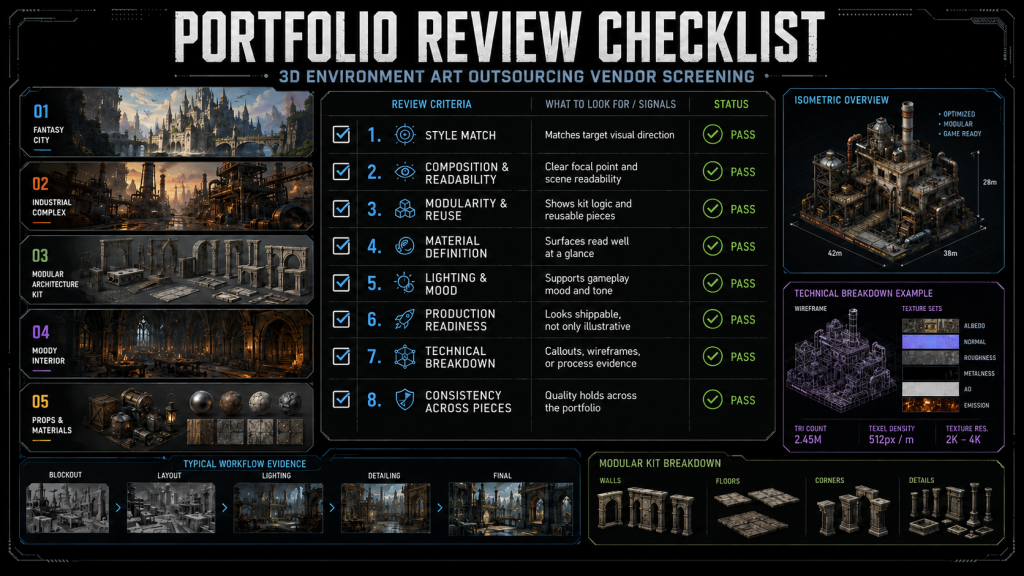 Portfolio review checklist for 3D environment art outsourcing vendor screening