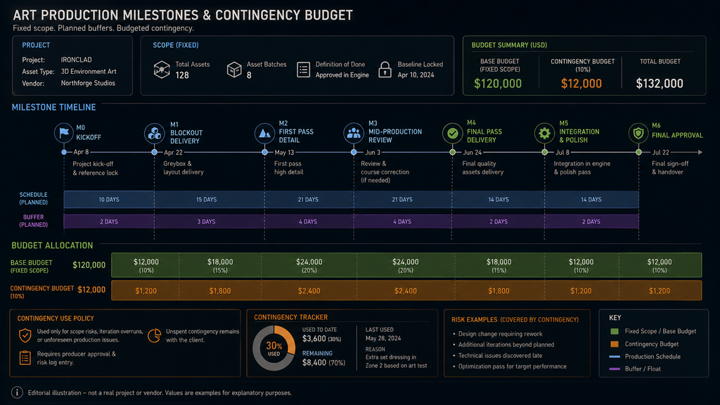 Milestone timeline showing a contingency budget allocated alongside a fixed art production scope