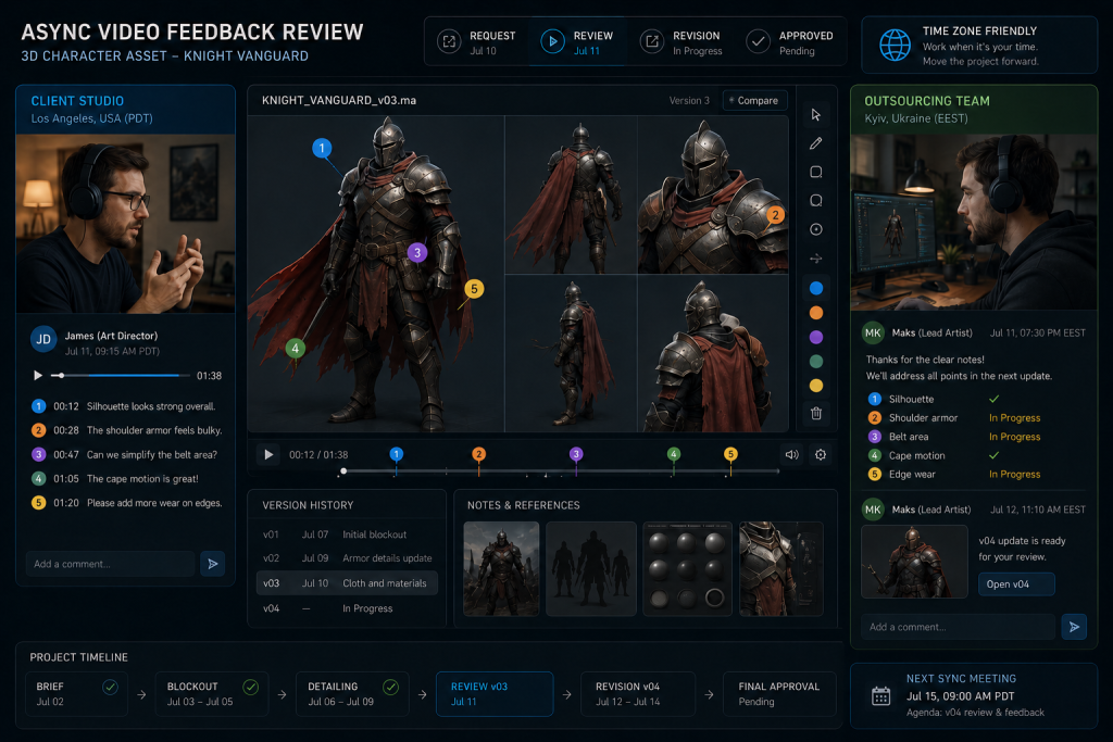Async video feedback review of a 3D character asset between distant production teams