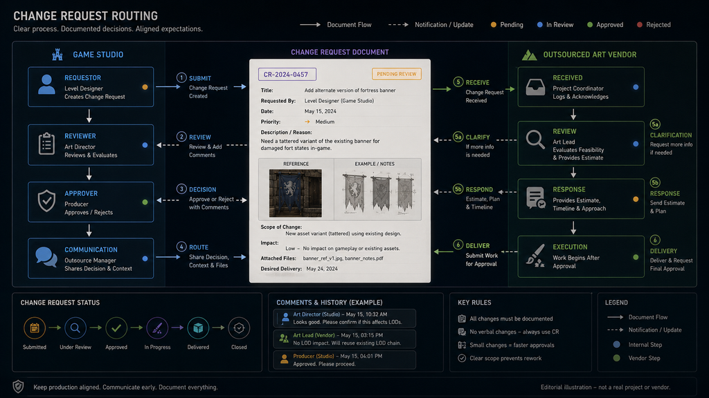 Change request document routing between a game studio and an outsourced art vendor