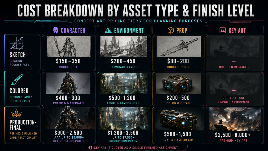 Concept art cost comparison chart: character, environment, prop, and key art pricing tiers by finish level