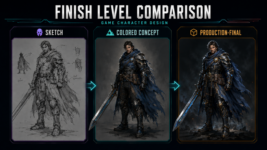 Sketch, colored concept, and production-final finish level comparison for a game character design