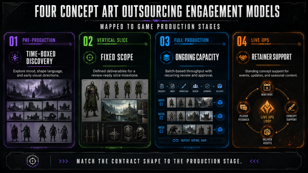 Four concept art outsourcing engagement models mapped to game production stages