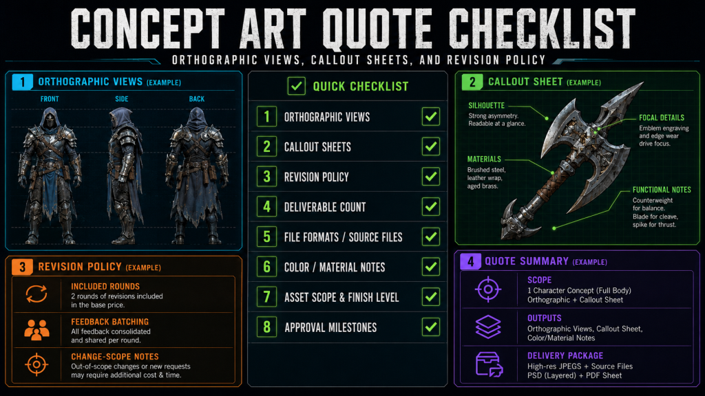 Concept art quote checklist: orthographic views, callout sheets, and revision policy