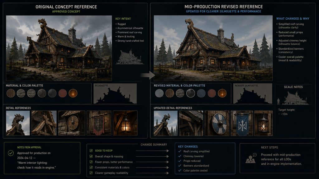 Comparison of an original concept reference and a mid-production revised reference for a game art asset