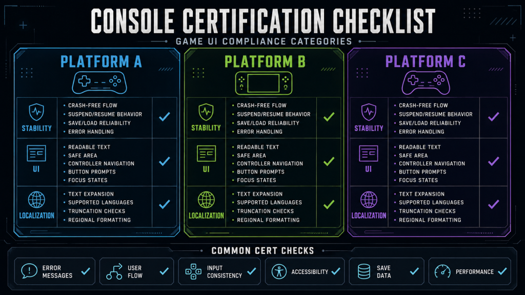 Console certification checklist for game UI: PlayStation, Xbox, Nintendo Switch compliance categories