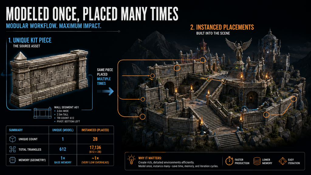Diagram showing a modular environment kit piece modeled once and placed multiple times across a scene