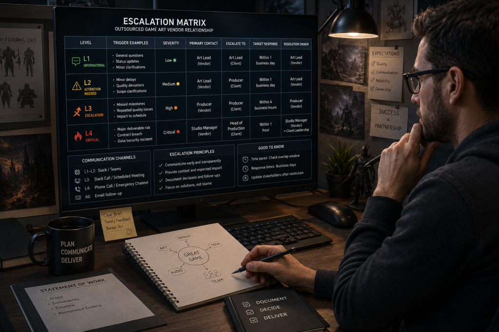 Producer reviewing an escalation matrix for an outsourced game art vendor relationship
