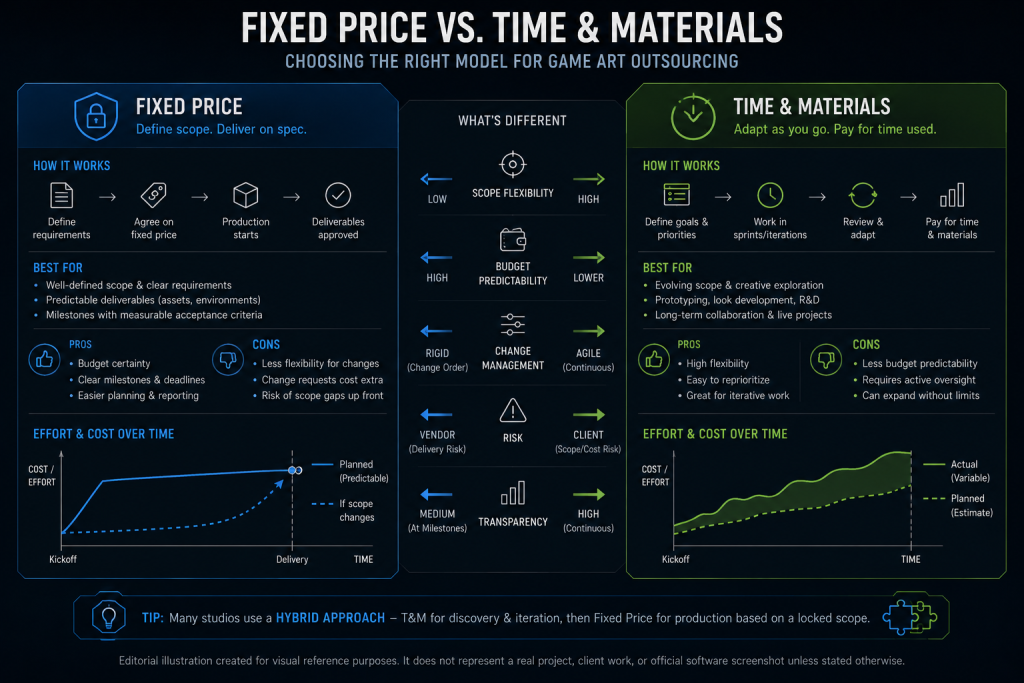 Fixed price versus time and materials contingency diagram for game art outsourcing
