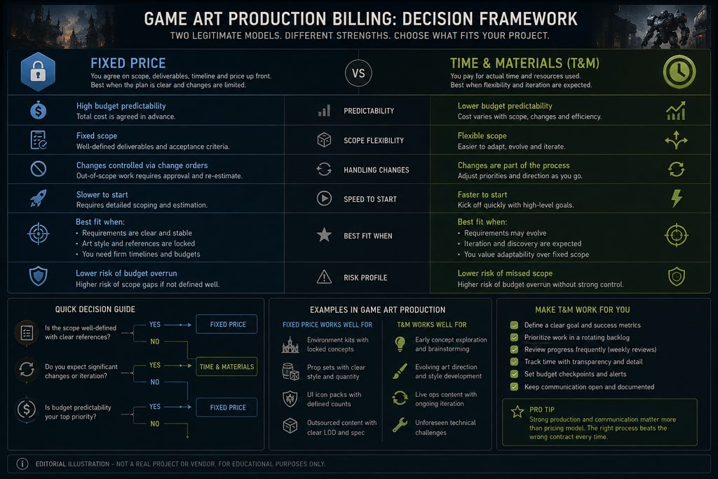 Decision framework comparing fixed price and time and materials billing for game art production