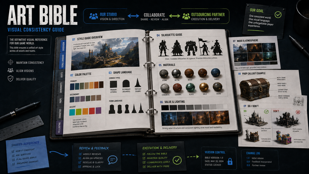 Editorial illustration of an art bible document with style guide pages, representing visual consistency reference for outsourced game art