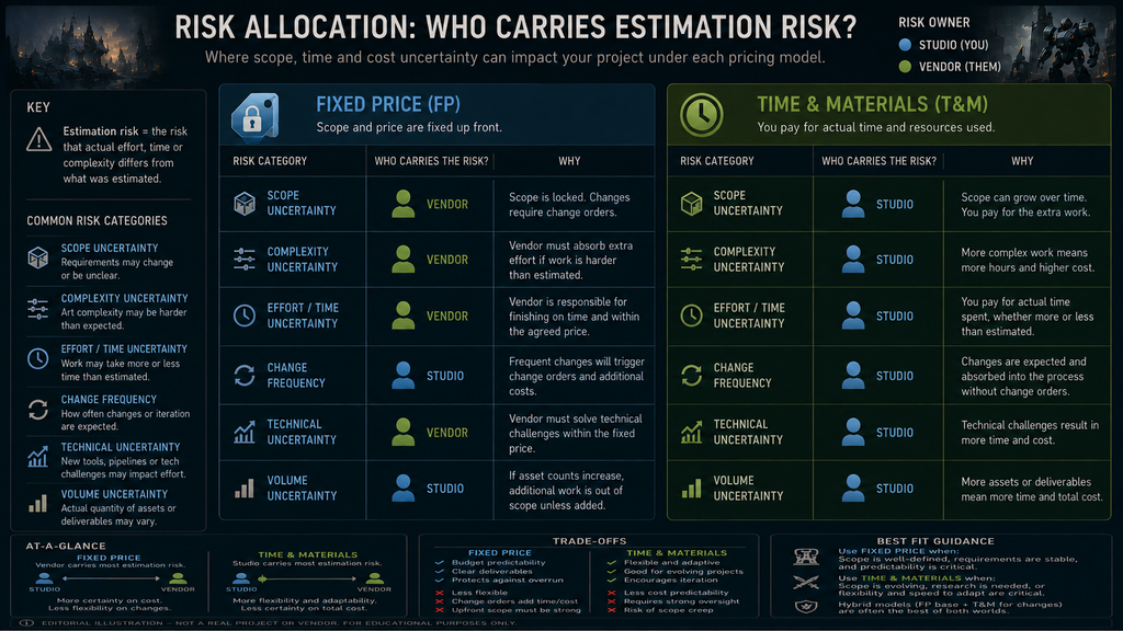 Risk allocation diagram showing which party carries estimation risk under each pricing model