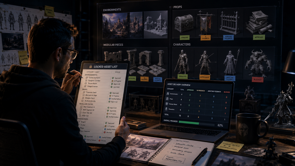 Producer reviewing a locked asset list against in-progress 3D game art deliverables