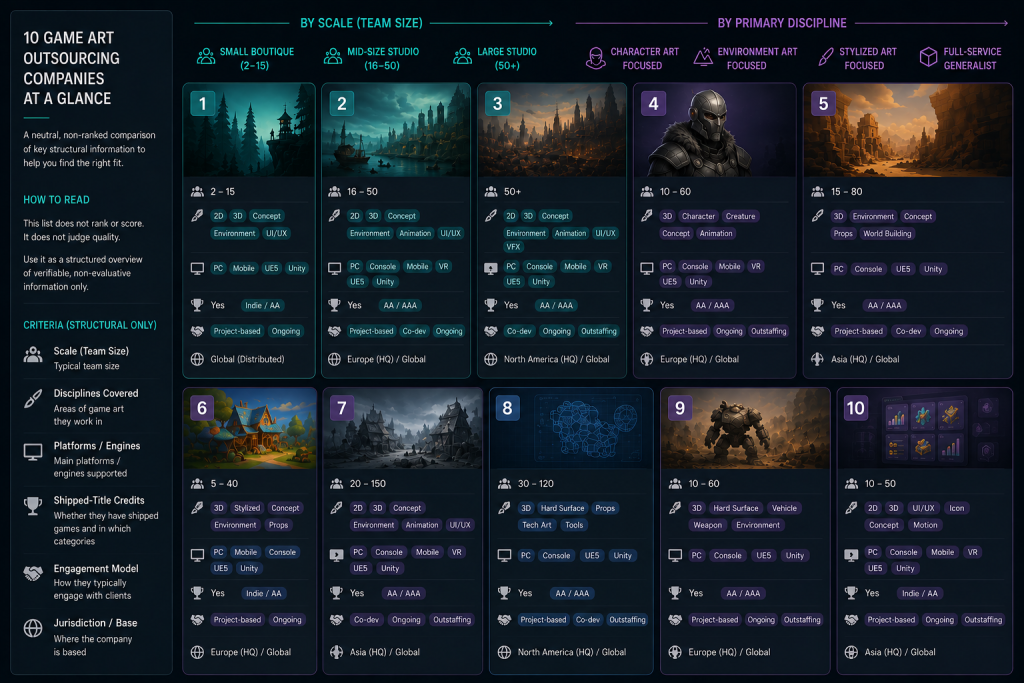 Comparison board of ten game art outsourcing companies grouped by scale and discipline