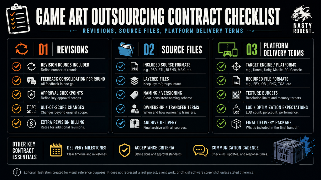 Editorial illustration of a contract checklist for game art outsourcing covering revisions, source files, and platform delivery terms